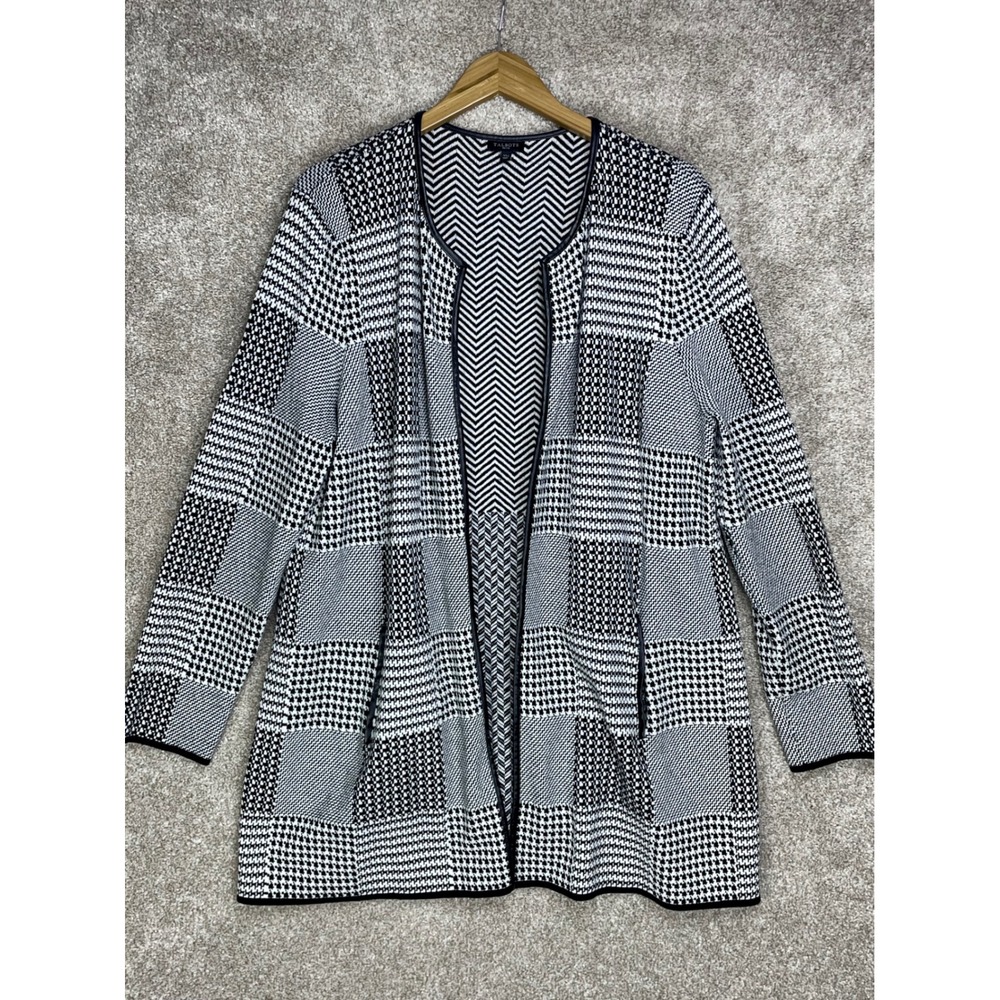 Talbots Mixed Print Open Front Cardigan Jacket Women XL Black White Office Work